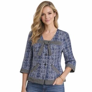 CABI NWOT Reina 21 Club Houndstooth Tweed Tie Front Jacket L